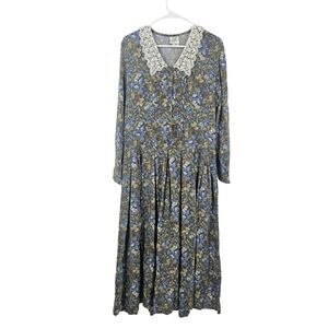 Laura Ashley Prairie Cottage Dress Green Wool Floral Lace Collar Pleated Size 6